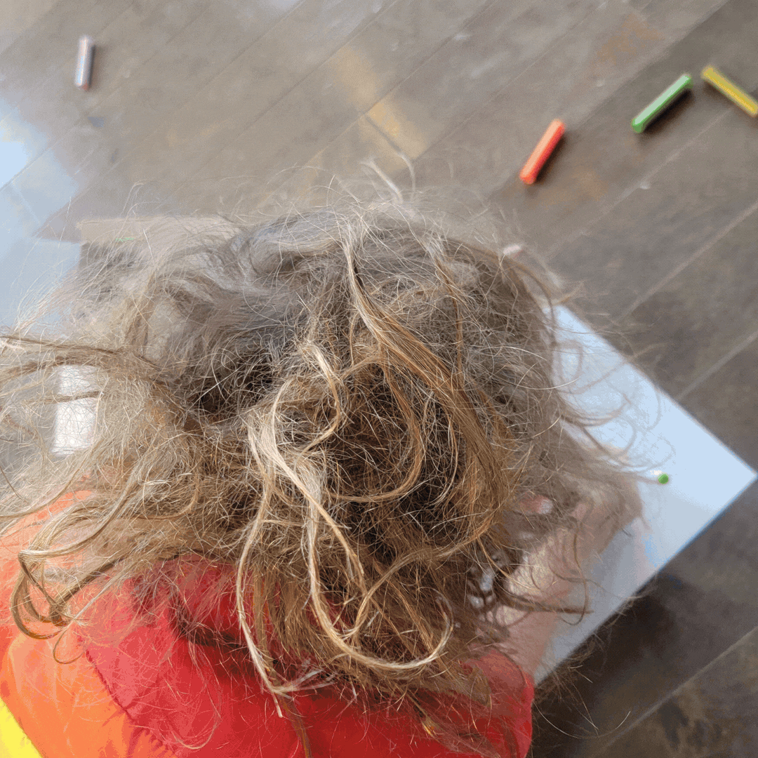 A gif showing a before and after results of The Neuro Standard Knot Your Typical Wet/Dry Detangling Hairbrush. "Before" displays a child's hair is severely tangled, matted, and frizzy. "After" showcases the same hair has been perfectly detangled, smooth, shiny, and formed into neat curls.