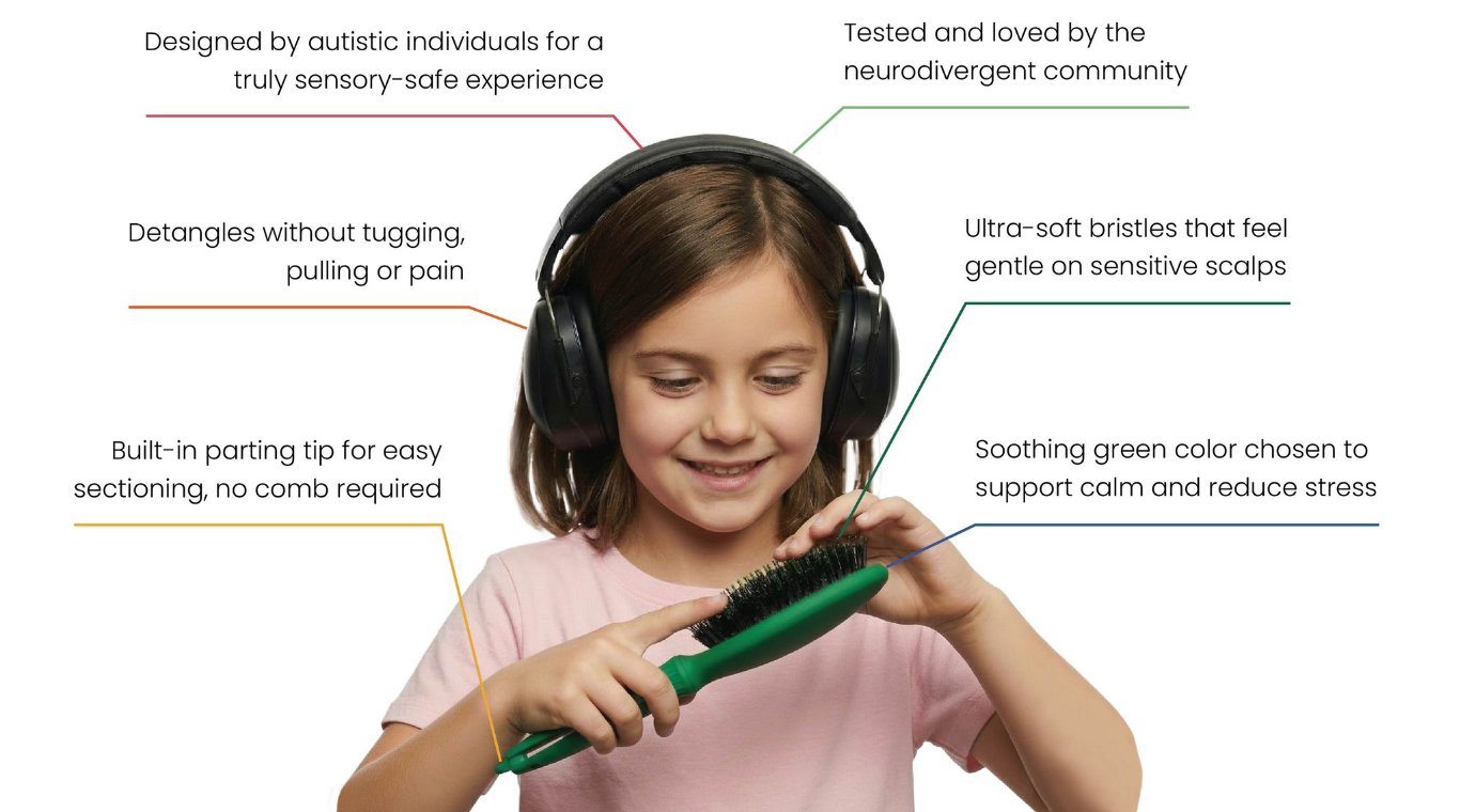 Child wearing noise-canceling headphones holding the Neuro Standard Knot Your Typical Wet/Dry Detangling hairbrush. Text highlights 6 key features: 1. Designed by autistic individuals for a truly sensory-safe experience. 2. Tested and loved by the neurodivergent community. 3. Detangles without tugging, pulling or pain. 4. Ultra-soft bristles that feel gentle on sensitive scalps. 5. Built-in parting tip for easy sectioning, no comb required. 6. Soothing green color chosen to support calm and reduce stress.