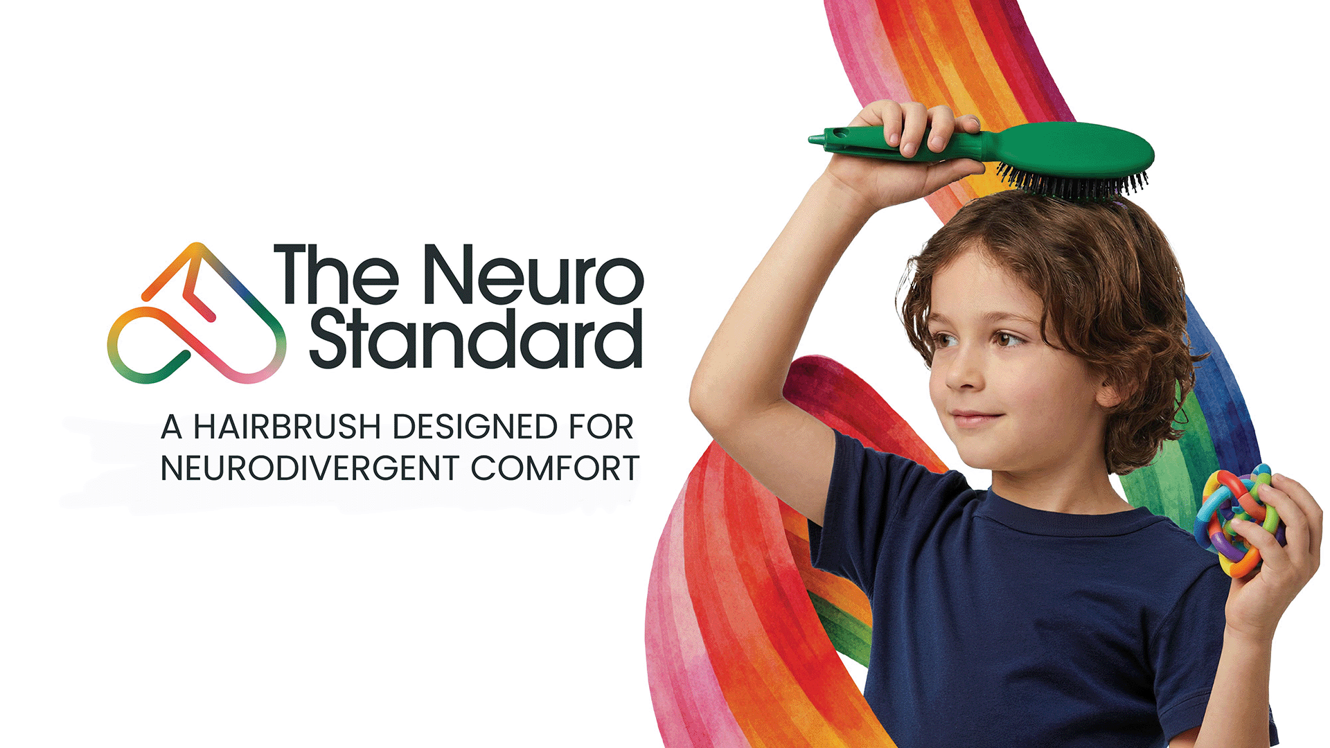 Child using a hairbrush with colorful background and 'The Neuro Standard' branding. Title reads: A HAIRBRUSH DESIGNED FOR NEURODIVERGENT COMFORT