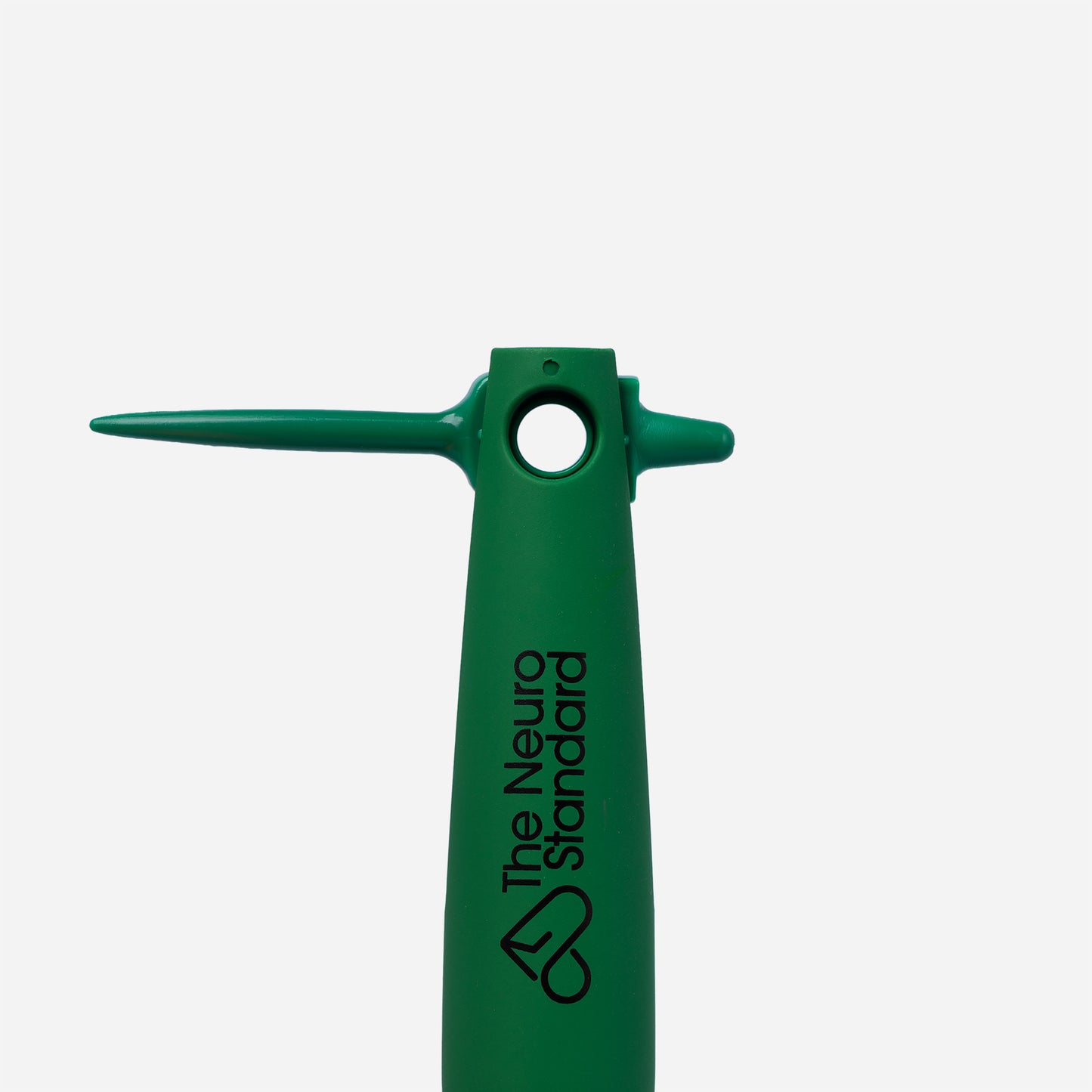 Close-up of the handle for the Knot Your Typical sensory detangling hairbrush by The Neuro Standard. The image shows the integrated rotating parting tip for easy hair sectioning and the company logo on the soothing green-colored handle.